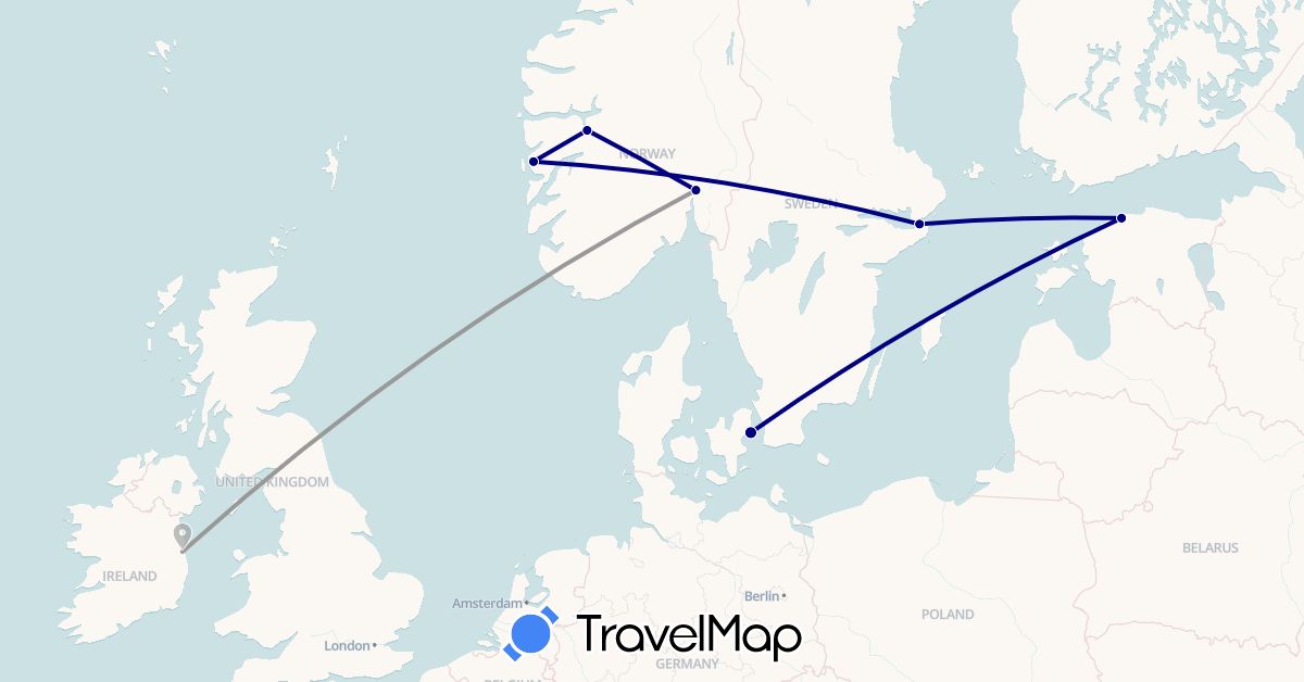 TravelMap itinerary: driving, plane in Denmark, Estonia, Ireland, Norway, Sweden (Europe)